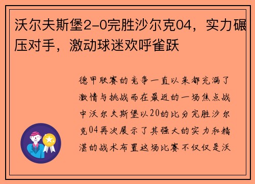 沃尔夫斯堡2-0完胜沙尔克04，实力碾压对手，激动球迷欢呼雀跃